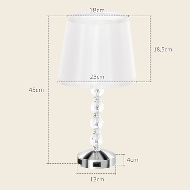 HOMCOM Table Lamp LED Desk Lamp USB Rechargeable, Crystal Nightstand Lamp, Lamp Base E27, for Living Room Bedroom, Glass, Silver 23 x 23 x 45 cm | Aosom