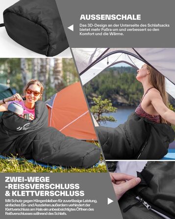 Сплячий мішок Sportneer - компактний та ультралегкий (950г/1500г) - спальний мішок типу 'кокон' для кемпінгу та відпочинку на природі. Підходить для чоловіків, жінок та дорослих (Чорний, літній). 3-4 сезони