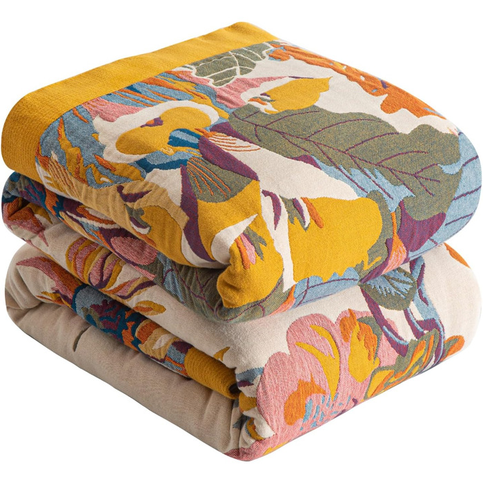 Богемна ковдра Softexly Boho Decke 100% бавовна – двостороння муслінова ковдра 150x200 см, м'яка софа та ковдра на ліжко, естетичний дизайн, ідеально підходить для вітальні та спальні, Orange/Grün Blütentraum (230 x 250 см, Sommertanz)