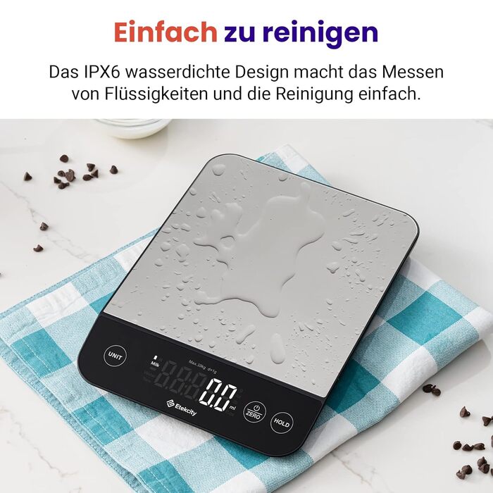 Etekcity Digital Kitchen Scale - 1g Precision, 10kg Capacity, LED Display, Tare Function, USB Rechargeable, Stainless Steel