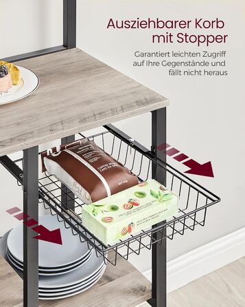 Стелаж кухонний VASAGLE, підлоговий, з магнітною смугою для ножів, кошиком, тримачем для рушників, 12 гачків, вінтажний, коричнево-чорний KKS026B01 (Грейж + Чорний)