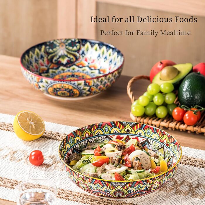 Набір тарілок Henten Home Mylo (2 шт.): супові та глибокі, 1500 мл. Тарілки для супу, пасти, салату в богемному стилі Boho, рожево-червоні відтінки