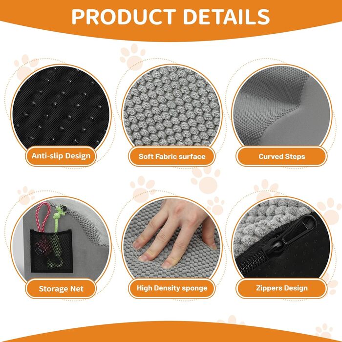 Сходинки для собак, 3 сходинки, з щільного матеріалу, для маленьких собак та котів, знімний чохол, іграшка-канат, легкі та портативні, сірі.