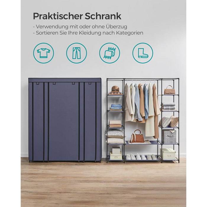 SONGMICS Clothes Closet, Fabric Closet, with Clothes Rod and Shelves, Fabric Cover, for Bedroom, Dressing Room, 150 x 45 x 175 cm, LSF03H (Navy Blue)