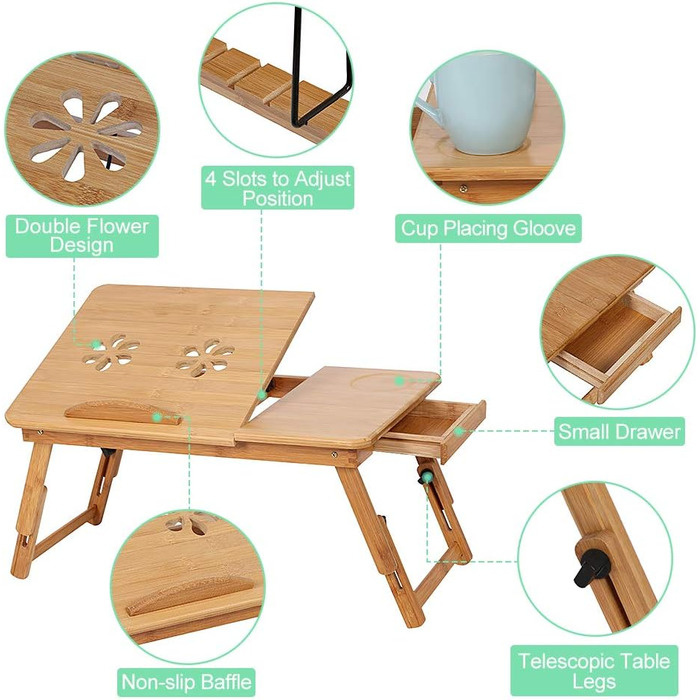 Стіл для ноутбука з бамбука, регульований та складаний: стіл-підставка для ноутбука з ящиком для дому, офісу та навчання