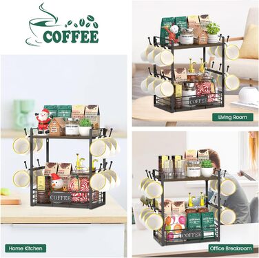 EsLuker.ly 2-Tier Mug Holder and Cup Stand, Mug Shelf for Coffee Cups, Coffee Organizer for Countertop, Coffee Station Organizer with Mug Holder, Vintage Brown-Black (14''H, Brown + Black)