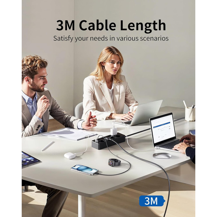 Мережевий фільтр Sameriver 8-фазний з захистом від перенапруги, 3 USB, вимикач, кабель 3M, чорний