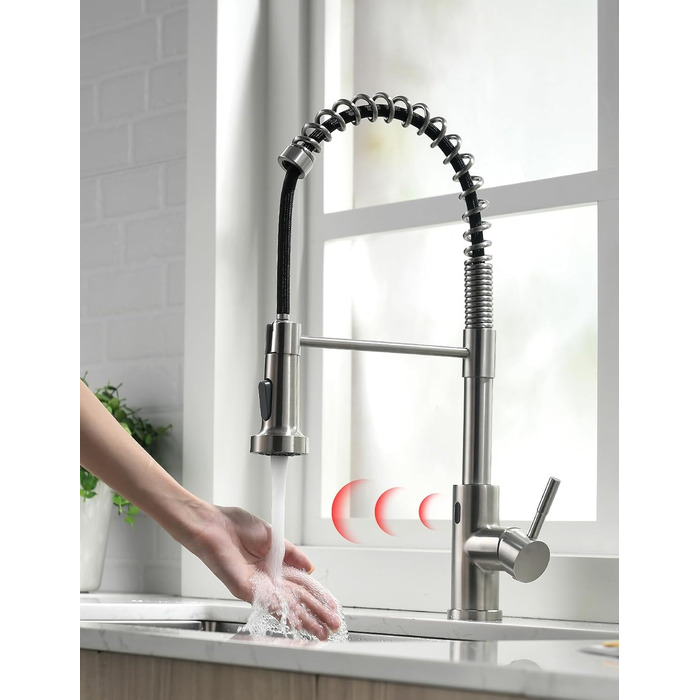 Інфрачервоний сенсорний змішувач для кухні з висувною лійкою, кухонна арматура 360° поворотна, одноручний змішувач з спіральною пружиною, для мийки, щіткове золото