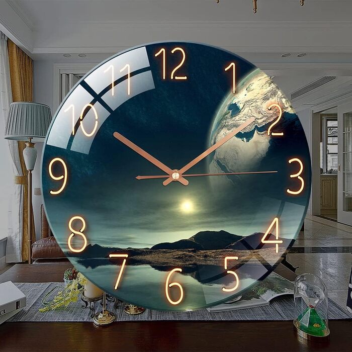 ALEENFOON Glass Wall Clock 30cm Silent Non-Ticking Decorative Round Wall Clock for Living Room Kitchen Bedroom Hallway Office (Ocean Wonder)