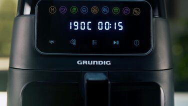 Аерофритюрниця Grundig FRY 7320, 7,6 л, 1750 Вт, сенсорний дисплей, велике оглядове вікно, регулювання температури і часу, антипригарне покриття, кошик для посудомийки, чорна