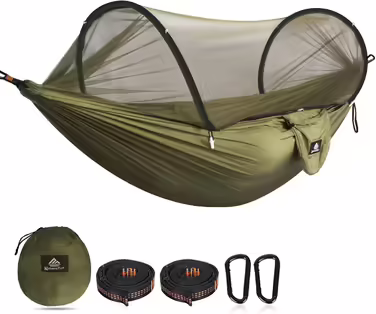 NATUREFUN Ultra-Light Travel Camping Hammock with Mosquito Net | 300 kg (660 lbs) Load Capacity, Breathable Quick-Drying Parachute Nylon | Includes 2 Premium Carabiners and 2 Nylon Straps