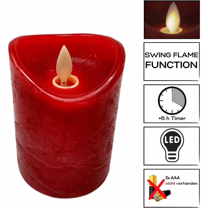 ToCi LED Candles Red Ø 7.5 x 15 cm - Set of 4 flameless real wax candles - with moving flame and timer - Advent candles, grave candles