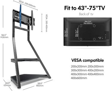FITUEYES Rolling TV Stand - Mobile TV Stand with Wheels for 43-75 inch Flat & Curved TVs - Height Adjustable, Swivel, Tilt, Eiffel Series Black