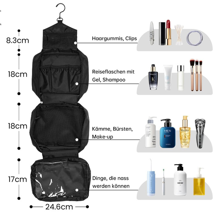 Сумка для туалетних аксесуарів на гачок, велика дорожня сумка-органайзер для жінок та чоловіків, 4-в-1 водонепроникна, армійний зелений (чорний)