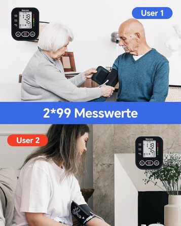 Тонометр Sinocare на плече - клінічно перевірений, 2x99 пам'ять для 2 користувачів, однокнопкове керування, XL-манжета (22-42 см), чорний