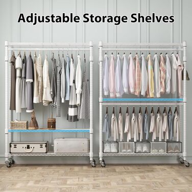 Double Clothes Rack/Garment Rod with Adjustable Shelves, Heavy-Duty Clothes Rack with 2 Hooks, Clothes Rack with Wheels, 90 * 42 * 205cm, White