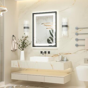 Дзеркало для ванної кімнати Keonjinn з підсвічуванням, чорний металевий каркас 60x80 см, антизапітніння, LED, сенсорне управління, 3 кольори світла, регулювання яскравості, функція пам'яті, настінне дзеркало