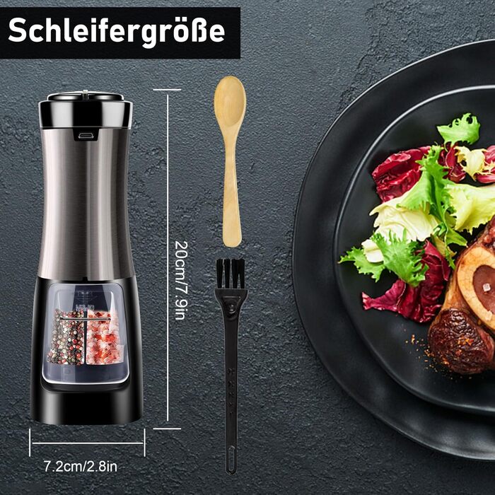 Nauotk 2-in-1 Electric Salt and Pepper Grinder, Battery Powered, Adjustable Coarseness, Automatic Salt and Pepper Grinder with LED, Double Nozzle, One-Hand Operation, Spice Grinder for Kitchen (USB)