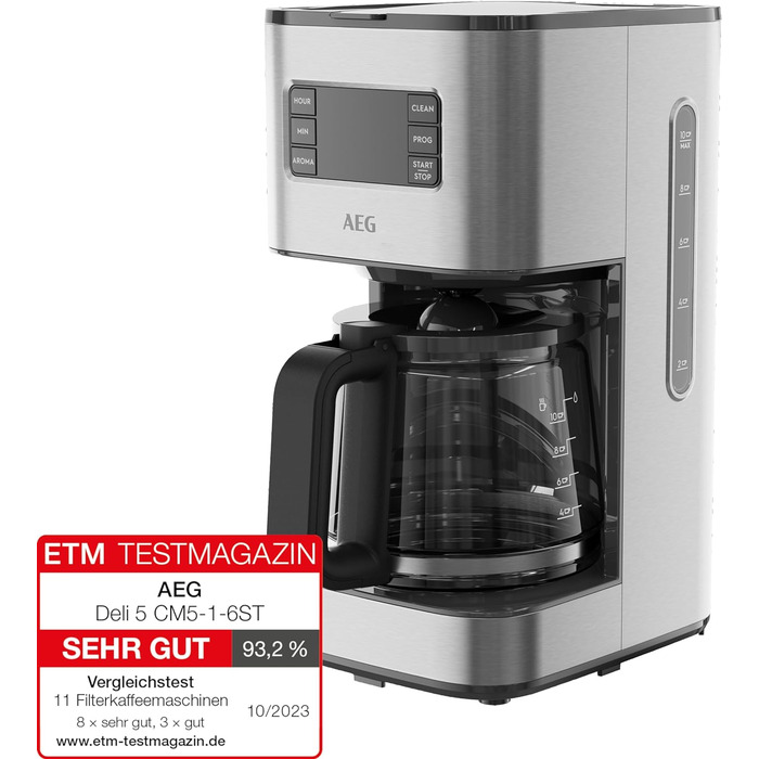 Кавоварка AEG CM5-1-6ST Deli 5, 1,5 л, нержавійка, таймер, підтримка тепла, авто-вимкнення, захист від протікання, індикатор рівня води