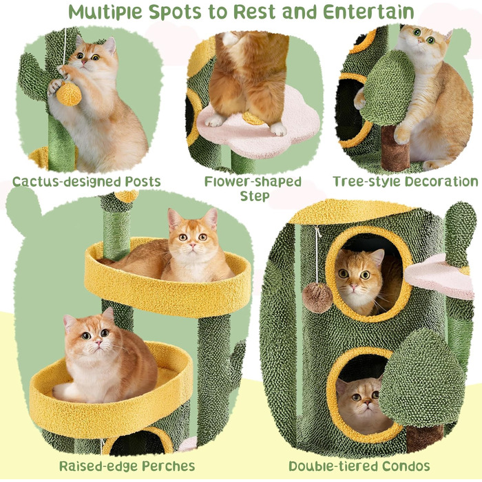 Дерево-кіготь для котів Yaheetech Kaktus, 123 см, оазис-тема, зелено-жовтий, для 2-3 котів, з 2 платформами та 2 печерами