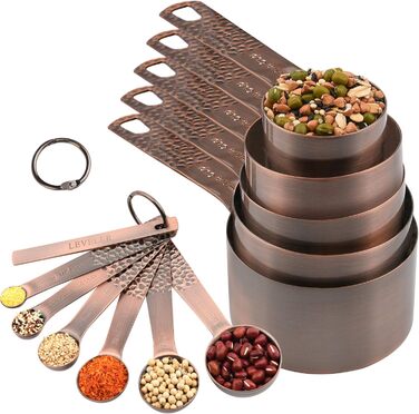 Zoyizi Measuring Cup and Spoon Set, 12-Piece, Copper Measuring Cups and Spoons for Kitchen and Baking, Dry and Liquid Metal Measuring Cups, Cute Metric 5 Measuring Cups, 6 Spoons, and 1 Leveler