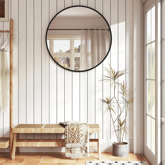 Круглий настінний дзеркало WOLTU 40 см: сучасний декор для ванної, спальні, вітальні, коридору. Дзеркало з рамою, скло, метал, MDF, з гачком. 81x81 см, чорний колір