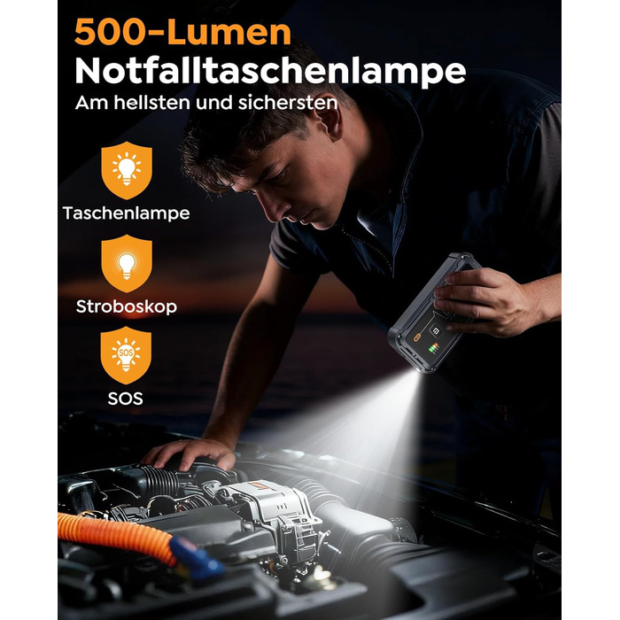 Портативний акумулятор Starthilfe для автомобіля, 12V, бустер для запуску двигуна (бензин до 10L, дизель), з кабелями та LED ліхтариком, для SUV, вантажівок, мотоциклів (5000A)