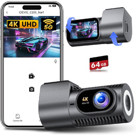 Dashcam CIEVIE C200: 4K, IPS 1.5', WiFi 5G, 64GB, 360° обертання, WDR, Нічне бачення, Паркування 24/7, G-сенсор, Loop, 170°