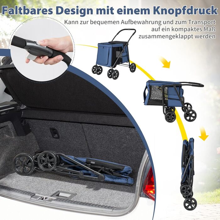 Візок для собак COSTWAY, складаний, до 40 кг, з подушкою, з сітковими віконцями, верхньою полицею, 2 дверцятами та бічними кишенями, блакитний