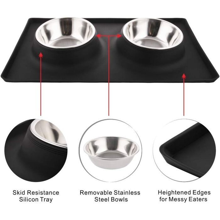 Набори мисок для собак та котів MOACC: 2 шт. по 400 мл, нержавіюча сталь, антиковзаюча підставка, для подорожей, чорний квадрат