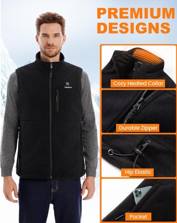Електрична гріюча жилетка для чоловіків Polar Fleece, 6 зон нагріву, USB, Outdoor, XL, Чорний