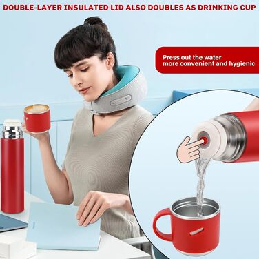 Термос IAGORYUE з нержавіючої сталі, 0.55л, з виливним кришкою та ручкою, подвійні стінки, зберігає тепло/холод до 12 годин, для спорту, офісу, відпочинку на природі (червоний)