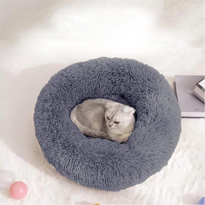 fireowl Donut Dog Bed Large Fluffy: 70cm Soothing Puppy Bed Anti-Anxiety Cat Bed - Plush Pet Bed Round Cozy Washable Gray