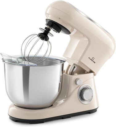 Klarstein Kitchen Machine - 1300W Stand Mixer with 6 Speed Settings, Dough Hook, Whisk & Beater, 5L Bowl, Planetary Mixing System, for Bread Dough & Baking - Cream Color