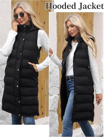 Жіноча зимова жилетка Maeau: тепла, довга, з капюшоном та кишенями (чорний, XXL)