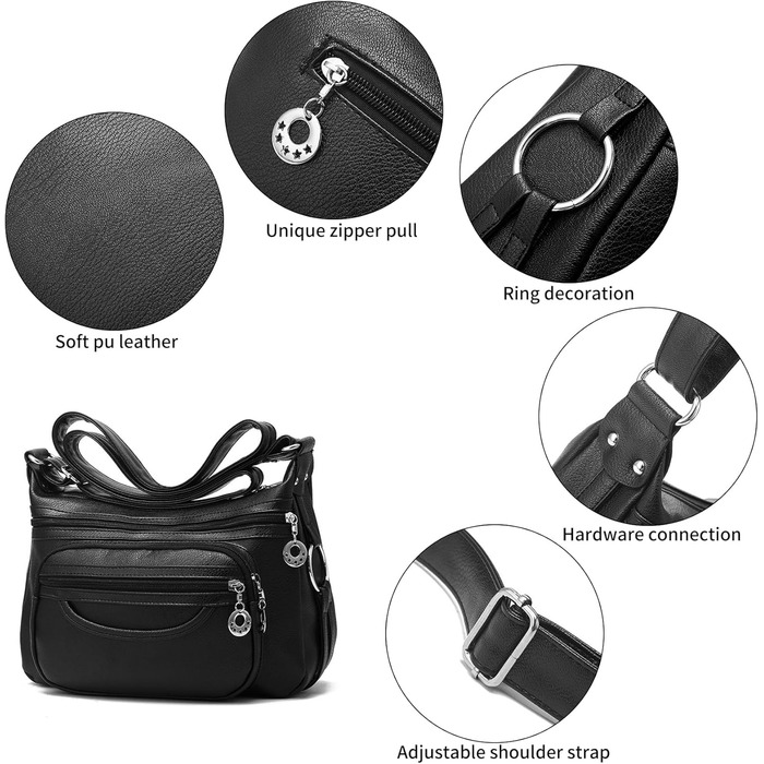 Сумка жіноча через плече NOTAG зі штучної шкіри, чорна: легка сумка-месенджер з декількома кишенями