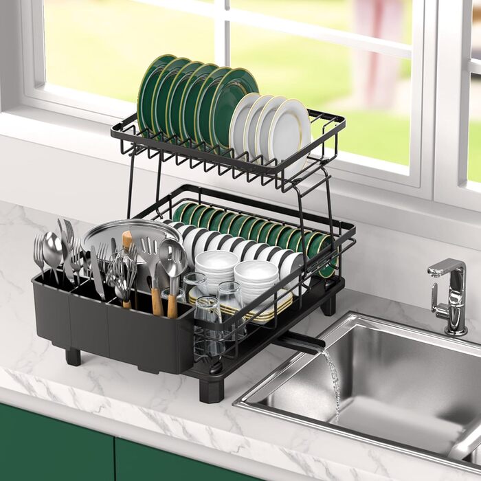 Підставка для посуду ROTTOGOON 2-ярусна, з нержавіючої сталі, чорна - органайзер для кухонних аксесуарів