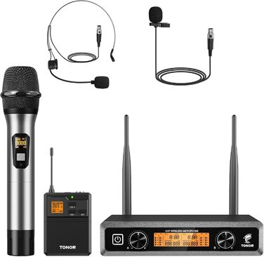 TONOR Бездротовий мікрофонний комплект з 4 каналами UHF: ручний, нагрудний, гарнітурний, лавел'єрний. Дальність дії 90м. Підходить для співу, караоке. 2 ручні мікрофони та 2 кишенькові передавачі