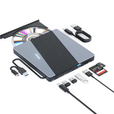 Зовнішній USB 3.0 CD/DVD-записувач Alxum з картридером SD/TF та додатковим USB-портом, Plug & Play для Windows, Linux, Mac OS, T039A