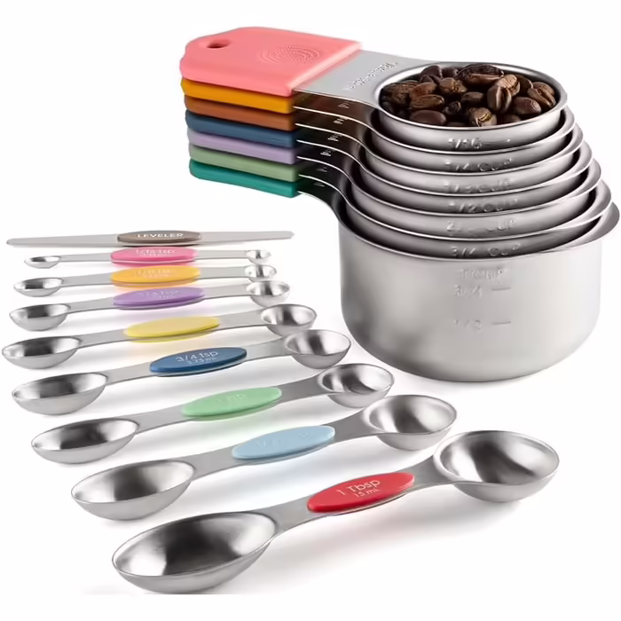 16-Piece Magnetic Stainless Steel Measuring Cup and Set, 7 Robust Cups, 8 Double-Sided with Leveling, Multicolored