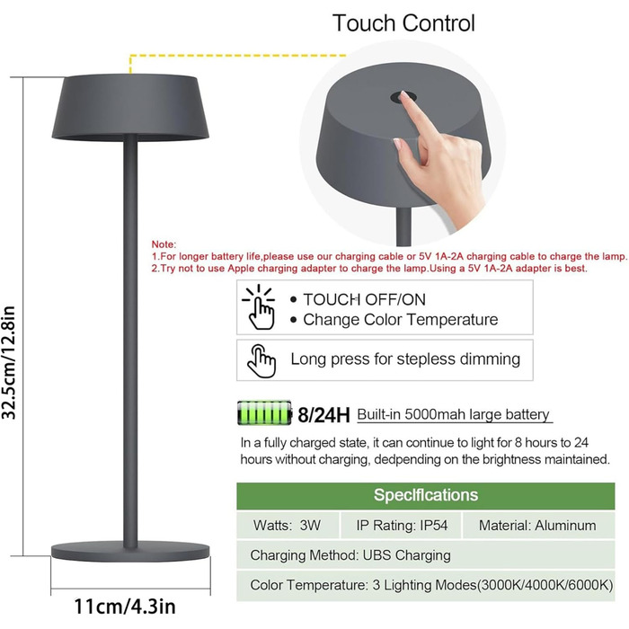 Світлодіодний акумуляторний настільний світильник Klighten з димером, сенсорний, металевий, алюмінієвий, IP54, перезаряджуваний, тепле біле світло 3000K, антрацит