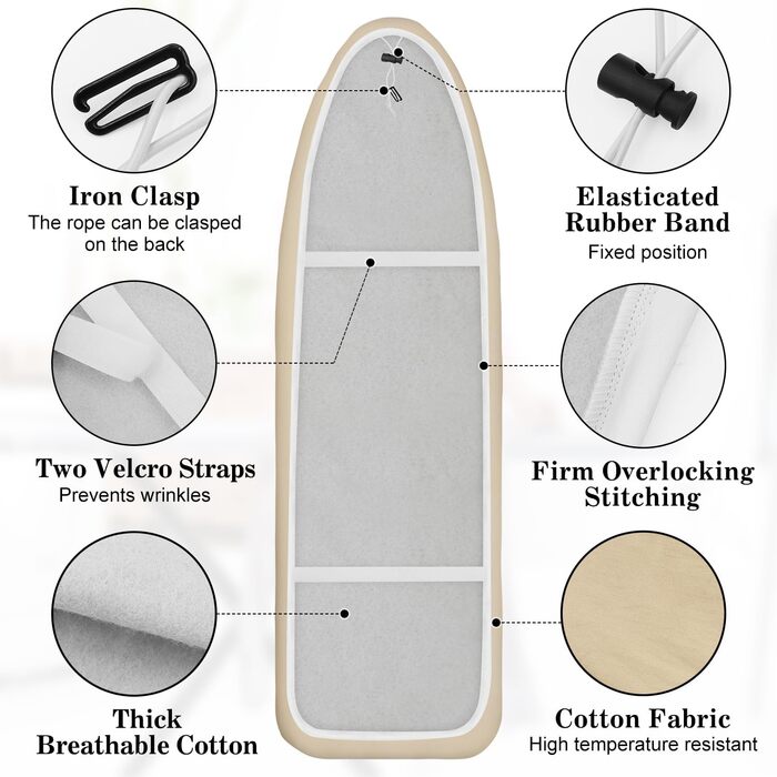 Чохол для прасувальної дошки з бавовни, 120-125x40-46 см, бежевий
