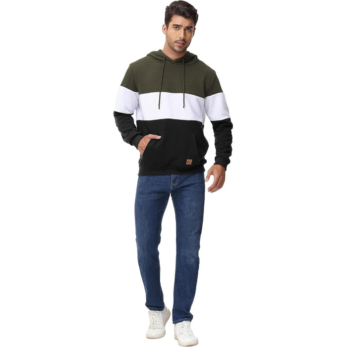 Чоловічий худі YuKaiChen з па́тчворком, джáкард, капюшон, кишені, армійсько-зелений, білий, хакі (4XL)