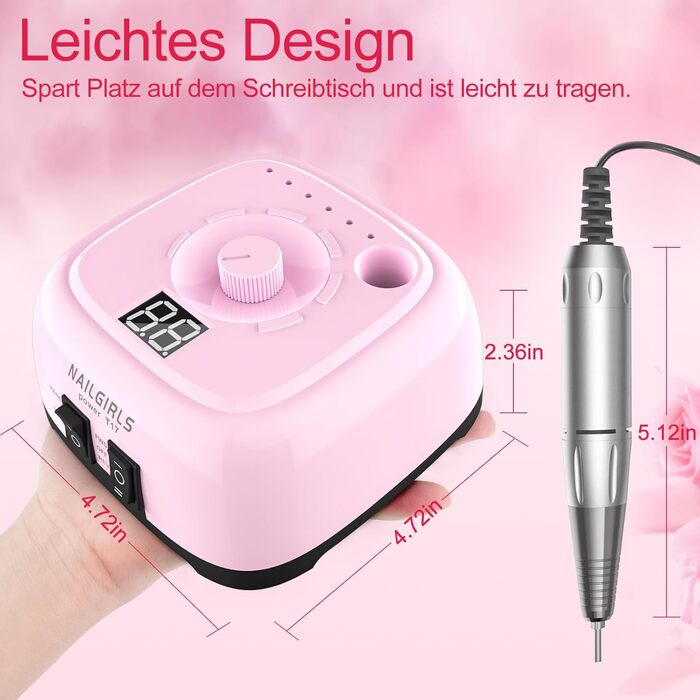 Електричний фрезер для нігтів Nailgirls 11 в 1 з педаллю, 35000 об/хв, для гель-лаку, манікюру та педикюру (Рожевий)