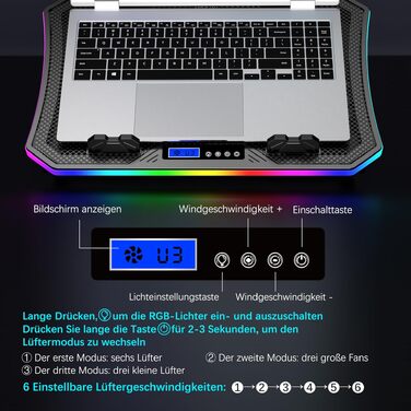Ігровий охолоджувач для ноутбука MOOJAY RGB, підставка з 8 тихими вентиляторами, регулювання висоти, тримач для смартфона, для ноутбуків 15.6-17.3 дюймів, синя LED-підсвітка