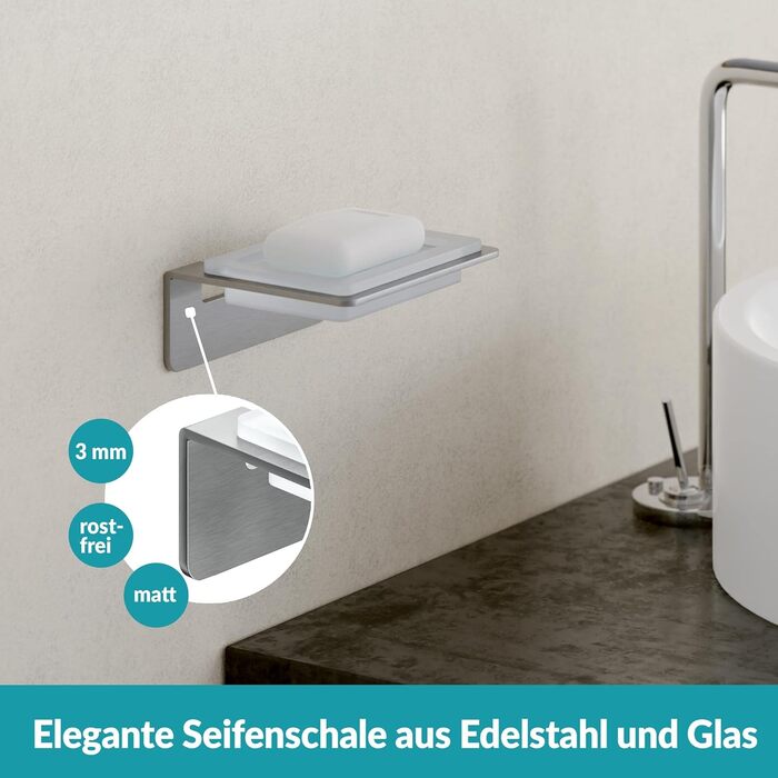 WEISSENSTEIN Soap Dish Wall Mount No Drilling - Glass Soap Holder with Self-Adhesive Stainless Steel Bracket - For Bathroom and Kitchen