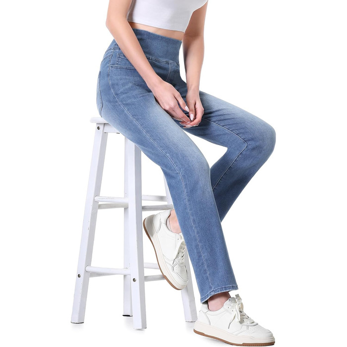 Жіночі джинси Dunke Bau: Прямі джинси-джеггінси з високою талією, еластичний денім, 4 кишені, модний bootcut, середньо-синій колір, розмір S (29)