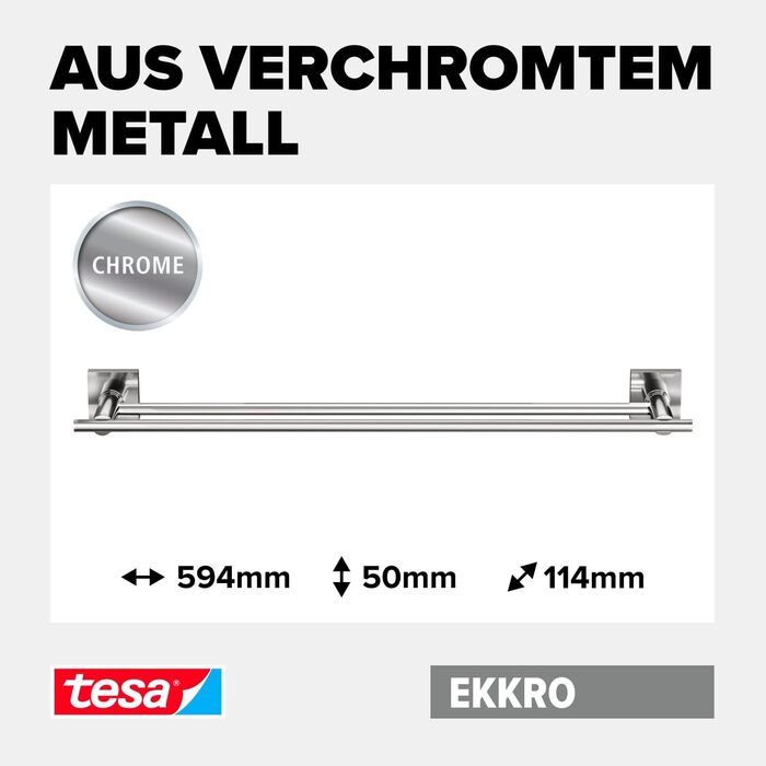 tesa EKKRO Double Towel Rail, Chrome - Towel Holder with 2 Bars - For Wall Mounting Without Drilling, Includes Adhesive Solution - 112 mm x 640 mm x 50 mm