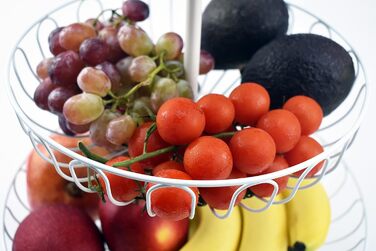 Металевий кошик для фруктів та овочів з ручкою - 3 яруси, великий, з нержавіючої сталі, з циркуляцією повітря (45см, Ø30-24-16.5см), білий