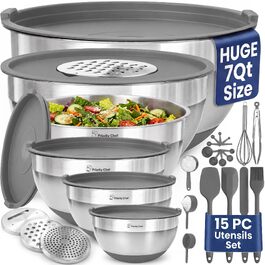Набір мисок для змішування Priority Chef з кришками, 6 предметів, нержавіюча сталь, антиковзаюче дно та тертки, сірий